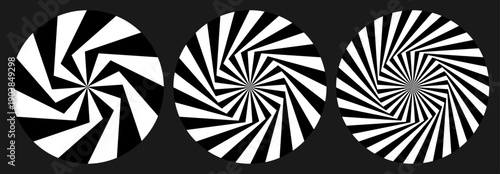 Twisted straight lines, spiral vortex black and white vector set.