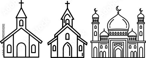 Illustration of three religious buildings