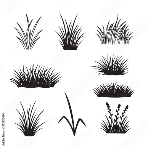 Set of Grass Clumps and Blades, Black Silhouette, Isolated on White