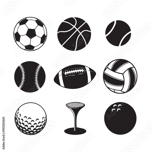 Set of Sport Balls Icons: Soccer, Basketball, Tennis, Baseball, Football, Volleyball, Golf, Bowling, Tee - Vector Graphics