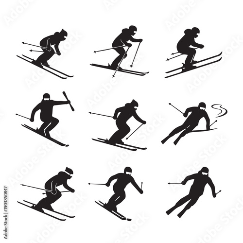 Skiing Silhouettes Collection: Diverse Poses on Snow, Dynamic Winter Sports Action, Vector Graphics