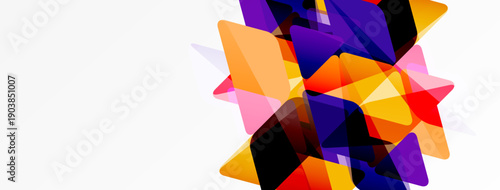 Abstract geometric shapes overlap, creating vibrant color bursts. Orange, purple, pink dominate white background. Modern design element.