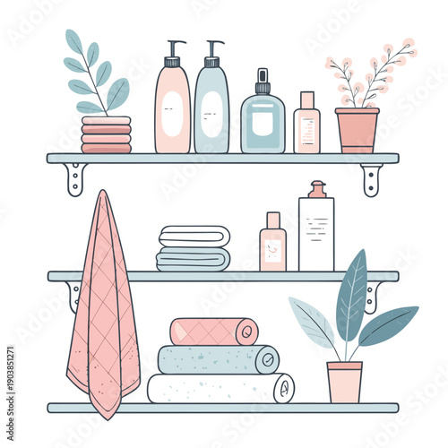 Illustration of bathroom essentials and towels on shelves with plants viewed from the front