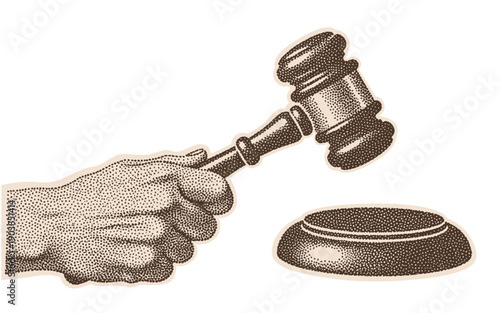 gavel and sound block in hand, vintage illustration in halftone stipple effect style