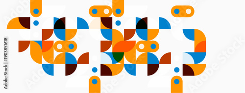 Abstract geometric shapes form colorful pattern. Circles, semicircles, rectangles create dynamic composition. Bright hues dominate design.