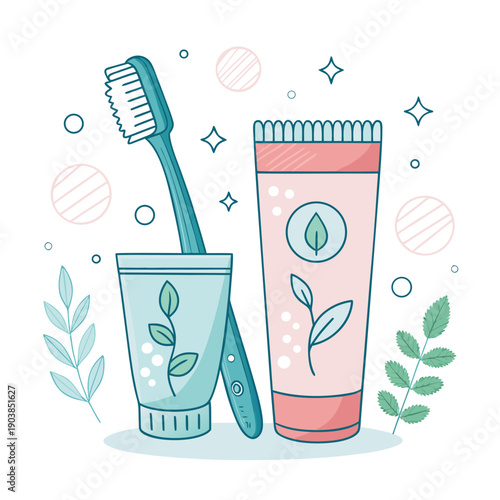 Toothbrush and toothpaste illustration on a clean background with decorative elements and plants