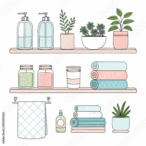A serene bathroom scene showcasing towels, plants, and toiletries on wooden shelves from a straightforward viewpoint