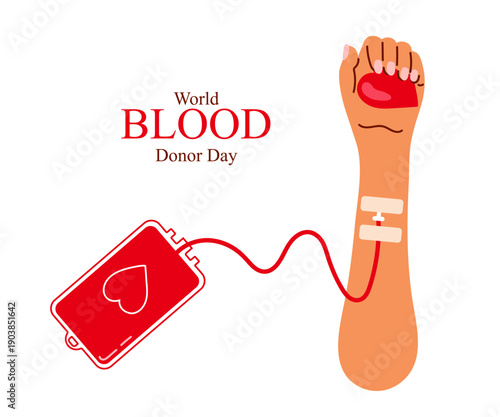 World Blood Donor Day, June 14. Donor hand holding or offering full blood bag with medical tube. Symbol of gift, generosity, solidarity. Vector illustration for clinic, promotions, thank you cards