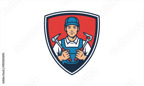Skilled handyman or mechanic holding tools within a protective shield emblem.