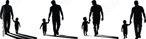 Silhouette of a father walking hand-in-hand with his child, casting long shadows, representing family, guidance, and connection in black and white.