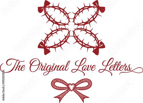 Symbolic image featuring a crown of thorns with red bows and a decorative ribbon, symbolizing sacrifice and love in a stylized graphic.