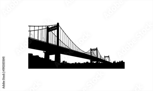 Silhouette of a large suspension bridge spanning a wide river.