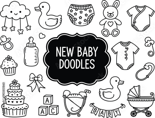 New Baby Doodles: A cute collection of hand-drawn elements for a baby shower or new arrival, including a crib, onesies, rattles, and a cake.