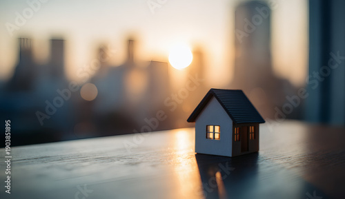 Small model house with glowing windows on a wooden table against a beautiful blurred city skyline at sunset