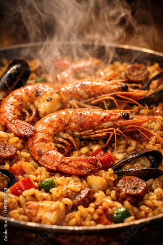 Culinary Theater: Dramatic Close-up of Steaming Spanish Paella with Scarlet Prawns and Saffron Rice