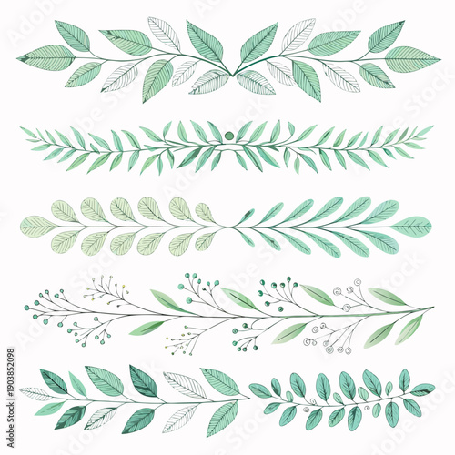 Slika na platnu Set of delicate green leaves and branches arranged in various floral patterns on
