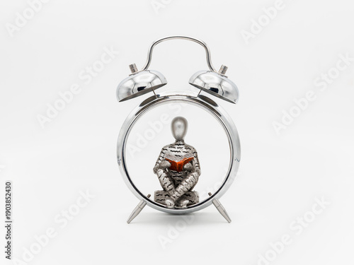 Estatuilla leyendo un libro dentro de un reloj despertador, aislado en blanco