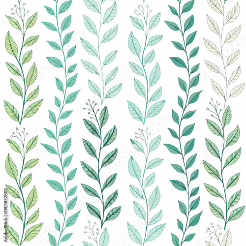 A serene watercolor illustration of lush foliage with green leaves and delicate flowers, presented in a vertical arrangement.