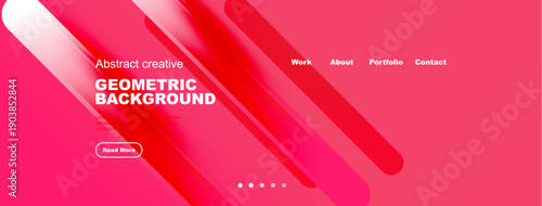 Bright pink design features geometric shapes, text elements, navigation menu. Modern aesthetic suitable for website header or banner.