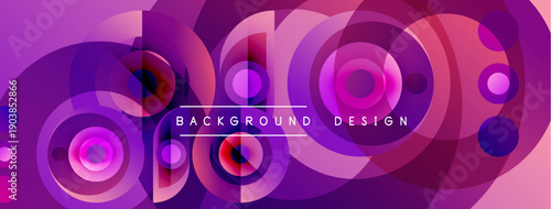 Abstract purple design features overlapping circles, gradients. Modern aesthetic, suitable for backgrounds, presentations. Vibrant, dynamic composition.