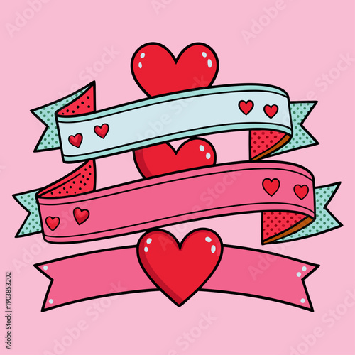 Three decorative ribbon banners with heart motifs on pink background, festive and romantic design.