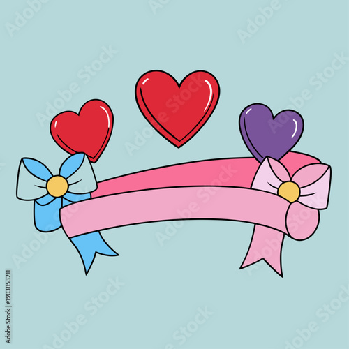 Valentine’s Day decorative ribbons with hearts and flowers on festive background design.