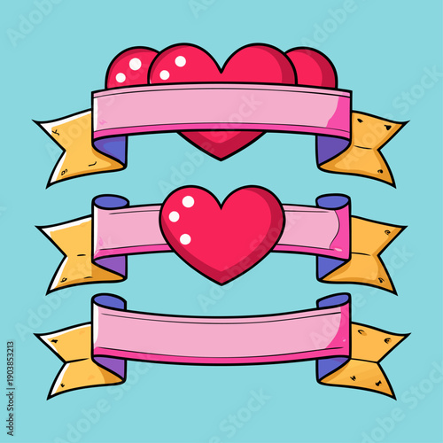 Three decorative ribbon banners with heart motifs on pink background, festive and romantic design.