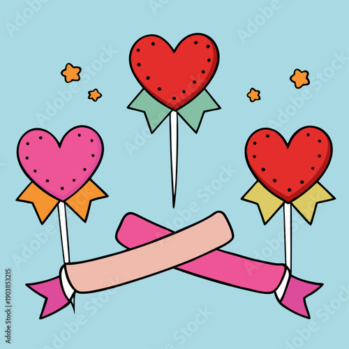 Valentine’s Day decorative ribbons with hearts and flowers on festive background design.