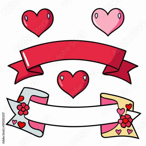 Valentine’s Day decorative ribbons with hearts and flowers on festive background design.