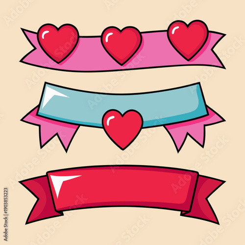 Valentine’s Day decorative ribbons with hearts and flowers on festive background design.