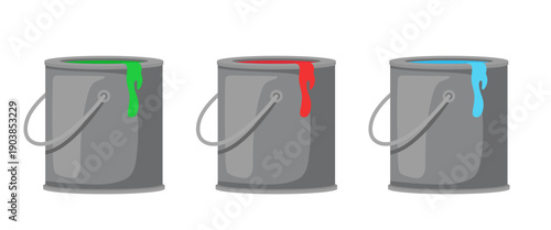 Steel cans with paint. Vector flat clipart isolated on white background.