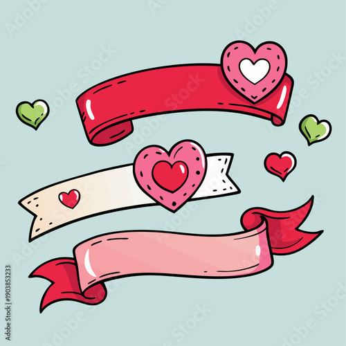 Valentine’s Day decorative ribbons with hearts and flowers on festive background design.