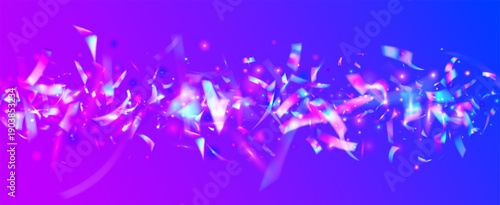 Hologram Confetti For Carnival. Birthday Bg With Light, Crystal, And Ribbon Effects. Iridescent Diamond Overlay With A Neon Glow And Sparkle. Pink And Blue Hologram Confetti
