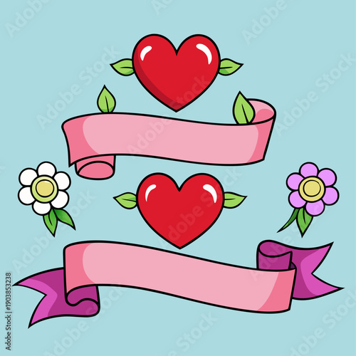 Valentine’s Day decorative ribbons with hearts and flowers on festive background design.