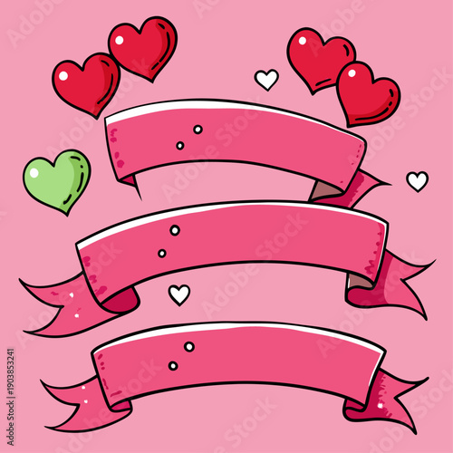 Three decorative ribbon banners with heart motifs on pink background, festive and romantic design.