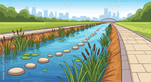 Scenic urban park canal with stepping stones and reeds flows towards a distant city skyline with a bridge in a bright, clean cartoon illustration style