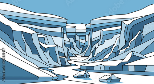 Icy glacier canyon with a frozen river is depicted in a minimalist vector illustration style with bold black outlines and cool blue and white colors under a clear sky