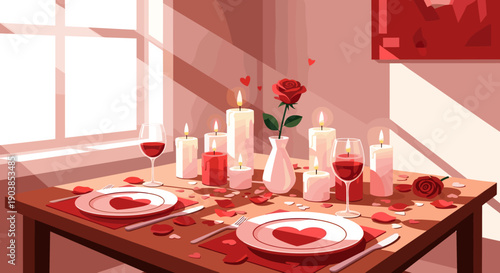 Romantic dinner table set for two with glowing candles, red wine, a rose, and heart decorations, creating an intimate atmosphere for a special date night celebration