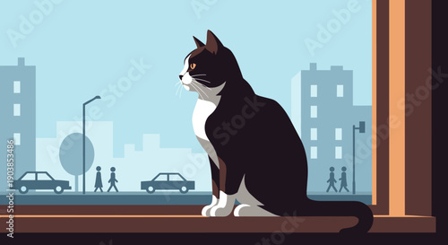 Black and white tuxedo cat sitting calmly on a windowsill, looking out at a city street with cars and people in a minimalist flat vector illustration style