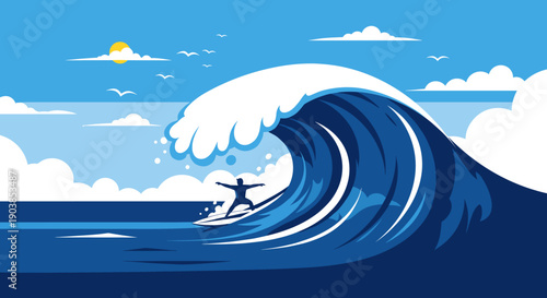 Surfer silhouette riding a large blue ocean wave on a surfboard, a dynamic extreme sport scene with a sunny sky and clouds in a flat vector illustration style