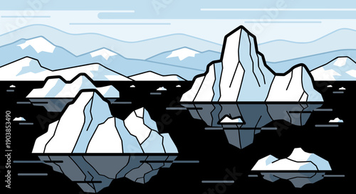 Graphic vector illustration of large white icebergs floating in dark water with reflections and a distant mountain range under a pale blue sky in a minimalist flat style