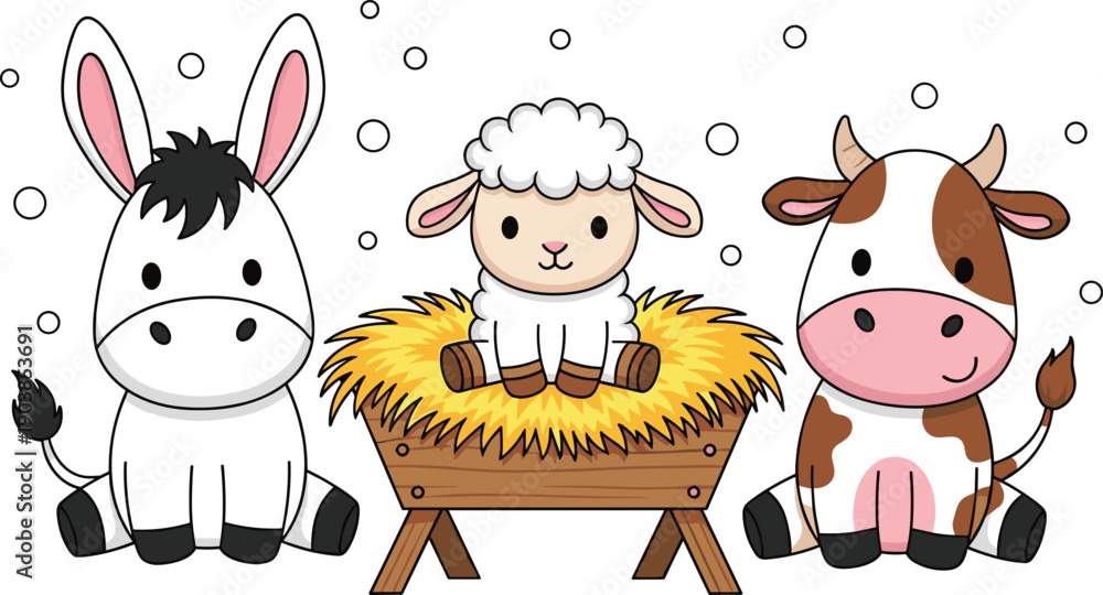 Obraz premium Cute nativity animals cartoon, lamb donkey cow, festive manger scene, children’s Christmas illustration, holiday decoration design, flat vector art