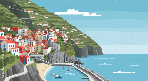 Colorful coastal village illustration with traditional houses built on a steep green cliffside overlooking a serene blue sea with boats in a small harbor
