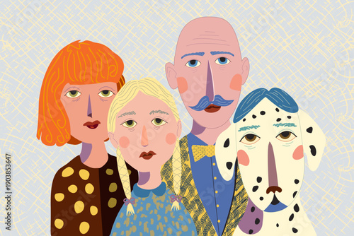 Portrait happy family of four with a dog, illustration with red and blonde hair people