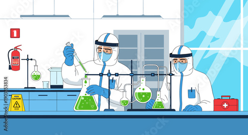 Two scientists in full protective hazmat suits conduct a chemical experiment with green liquid in flasks inside a modern, sterile research laboratory illustration