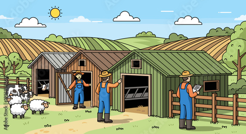 Rural farm scene illustration with farmers managing livestock next to wooden barns, set against a backdrop of rolling green and brown fields on a sunny day