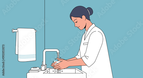 Female healthcare worker in white uniform is carefully washing her hands with soap and water at a sink in a clean, minimalist style vector illustration on a blue background