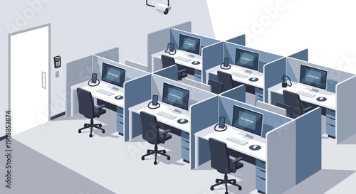Empty modern office cubicles with computer workstations displaying confidential information under the surveillance of a security camera in a clean, minimalist vector illustration style