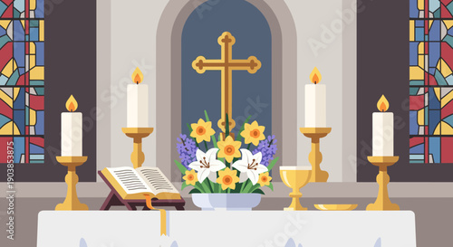Church altar with a golden cross, candles, spring flowers, and an open bible for an Easter service celebration in a flat vector illustration style