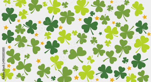 Green three-leaf shamrocks and four-leaf clovers scattered with small orange stars in a festive, flat vector illustration for a St. Patrick's Day holiday theme background